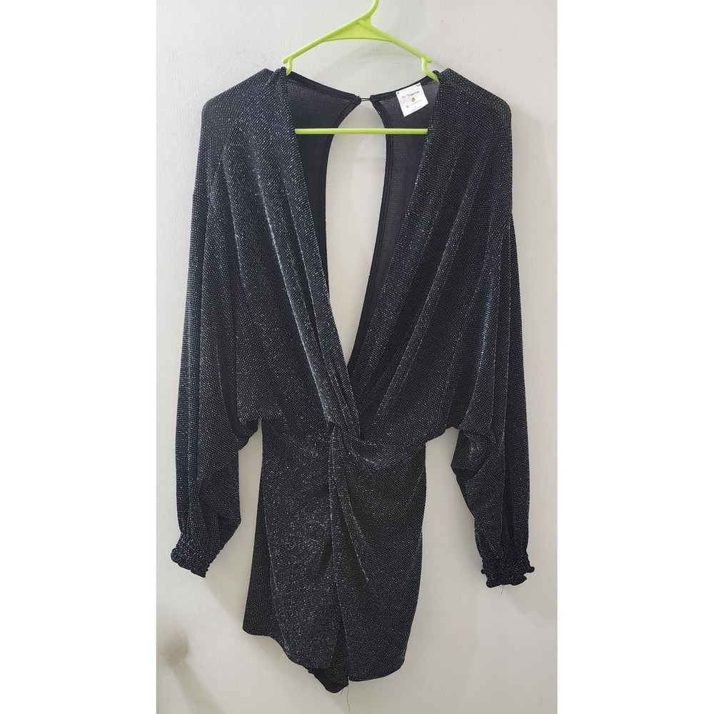 By Together Metallic Black Silver Deep V Open Back Dolman Romper Small RJ1503